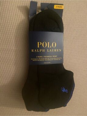 Polo by Ralph Lauren Black No-Show Athletic Socks with Blue Logo - 3 Pack